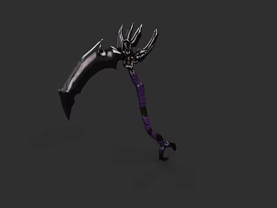 Black Curved Scythe Weapon With Purple Wrapped Handle And Metallic Decorative Details 3d model