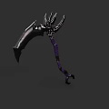 Black Curved Scythe Weapon With Purple Wrapped Handle And Metallic Decorative Details