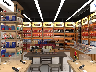 Modern Liquor and Tobacco Store Interior With Shelves Full Of Various Products And Display Counters 3d model