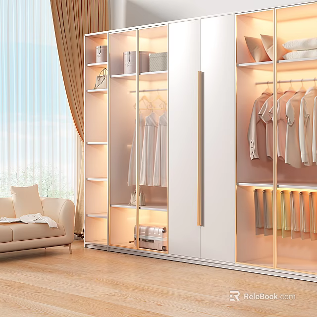 Elegant Modern Wardrobe With Glass Doors LED Lights Storage Shelves And Hanging Area 3d model 