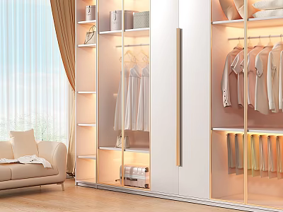 Elegant Modern Wardrobe With Glass Doors LED Lights Storage Shelves And Hanging Area 3d model