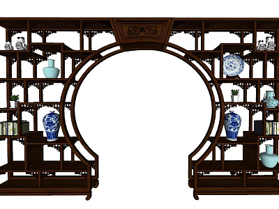 Traditional Chinese Carved Wooden Curio Shelf With Circular Arch And Blue White Porcelain Vases 3d model