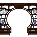 Traditional Chinese Carved Wooden Curio Shelf With Circular Arch And Blue White Porcelain Vases