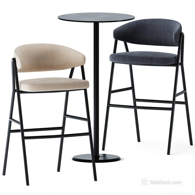 Modern Bar Stools Set With Beige And Dark Gray Upholstered Seats Black Metal Frame 3d model 