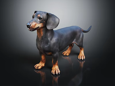 Black and Tan Dachshund Standing on Shiny Dark Background with Studio Lighting 3d model
