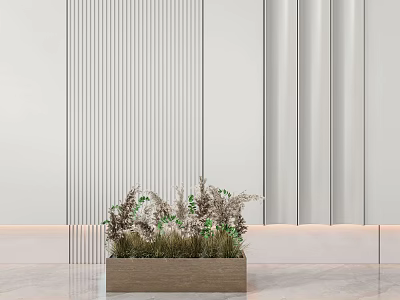 Bonsai Potted Plant in Wooden Pot with Green and Purple Foliage Against Striped Wall 3d model