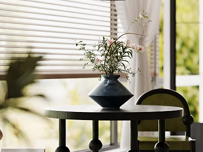 Cozy Green Leisure Chair By Round Table With Blue Vase Flowers And Window Blinds 3d model