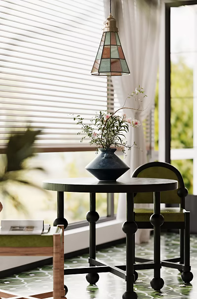 Cozy Green Leisure Chair By Round Table With Blue Vase Flowers And Window Blinds 3d model