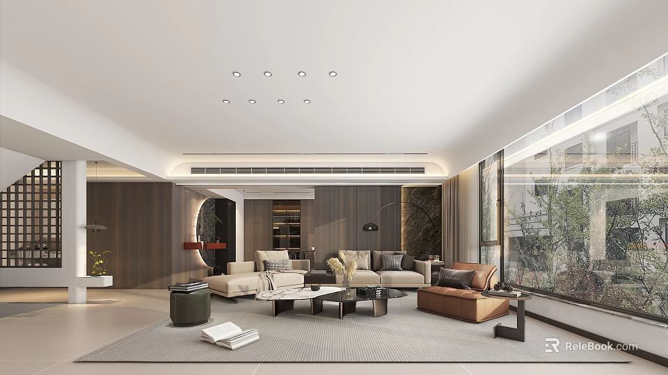 Modern Living Dining Room Interior With Comfortable Sofa Dining Table And Large Window View 3d model