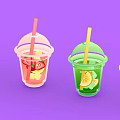 Colorful Iced Drinks with Fresh Fruit Slices in Transparent Cups with Straws and Lids