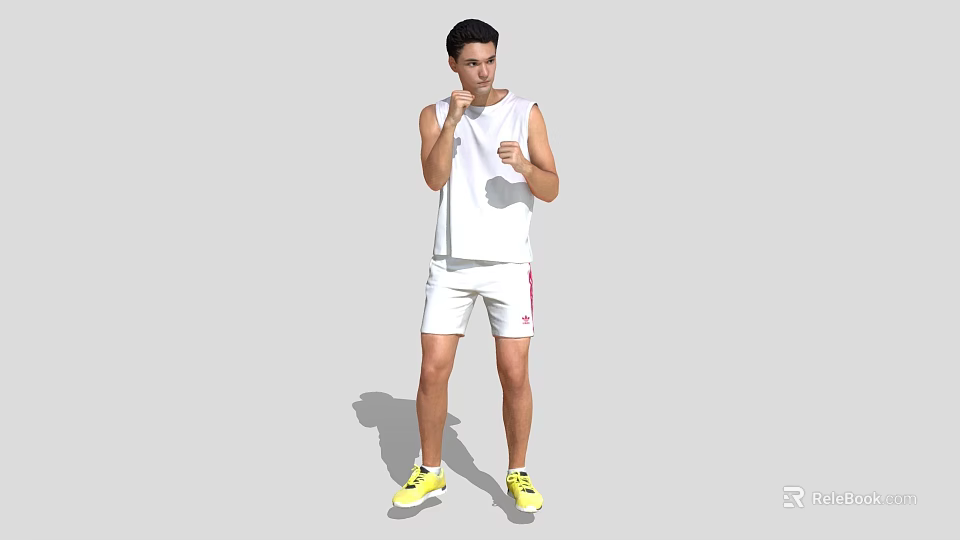 Man Training In White Tank Top And White Shorts With Yellow Sneakers 3d model 