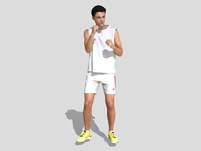 Man Training In White Tank Top And White Shorts With Yellow Sneakers 3d model