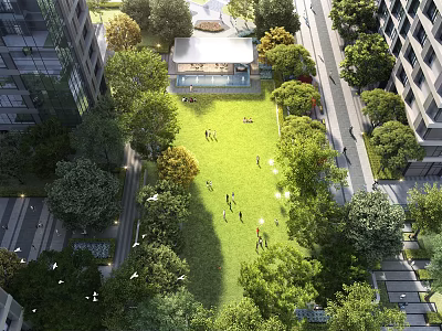 Urban Aerial View Planning With Green Lawn Trees And High Rise Buildings 3d model