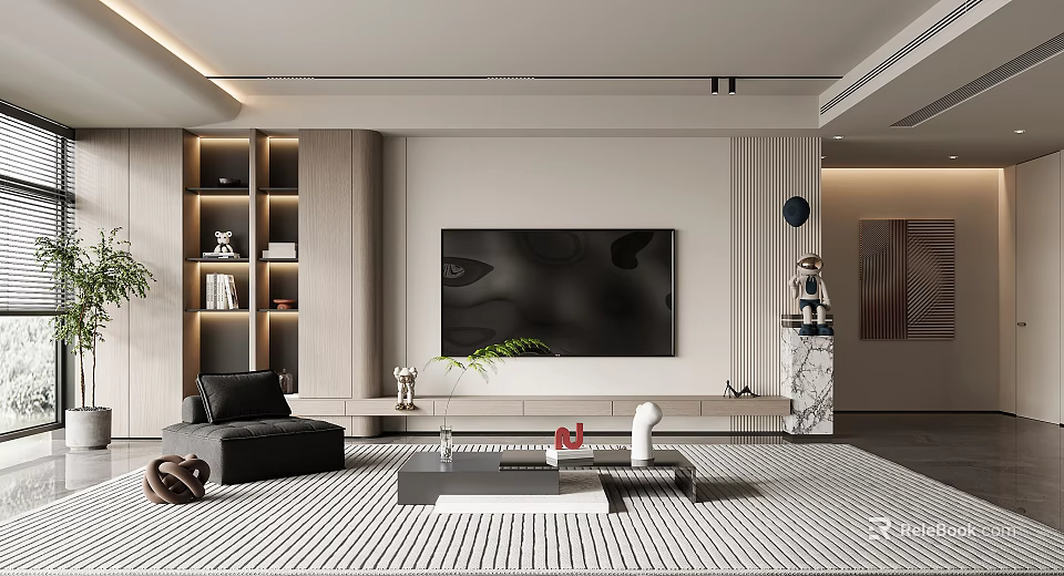 Modern Minimalist TV Wall Design With Wooden Shelves TV Stand Green Plant And Rug 3d model 