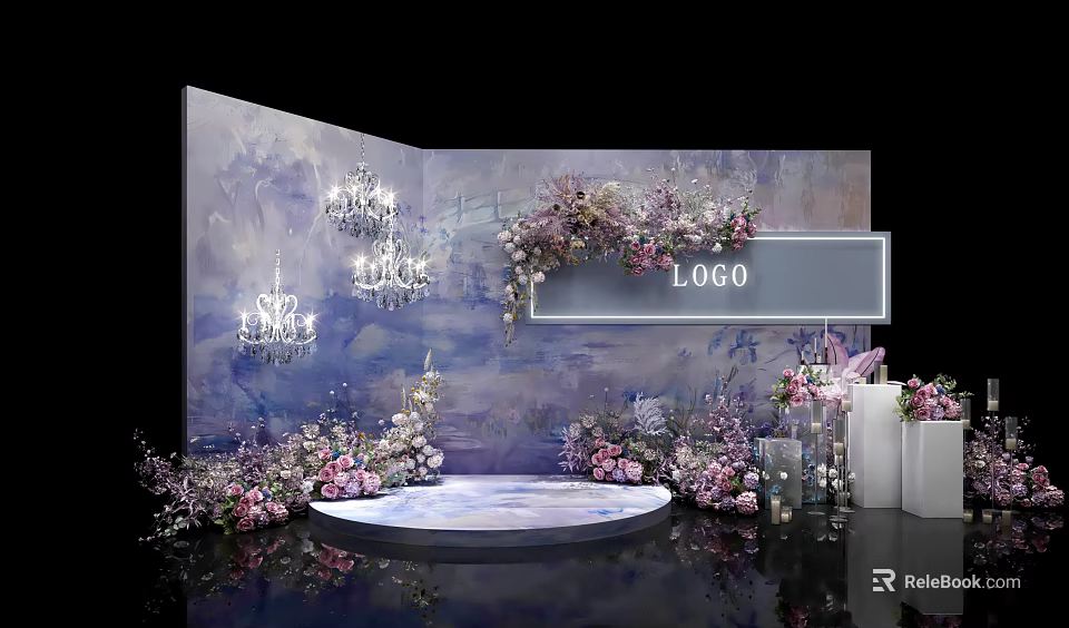 Elegant Wedding Photo Spot With Purple Pink Floral Decor Chandeliers And Round Stage 3d model 