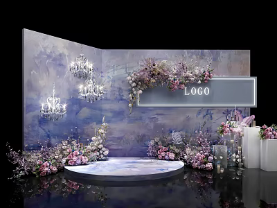 Elegant Wedding Photo Spot With Purple Pink Floral Decor Chandeliers And Round Stage 3d model
