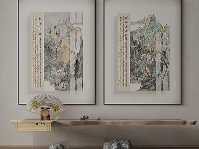 Traditional Chinese Landscape Paintings With Calligraphy On Wall And Wooden Shelf Decor 3d model