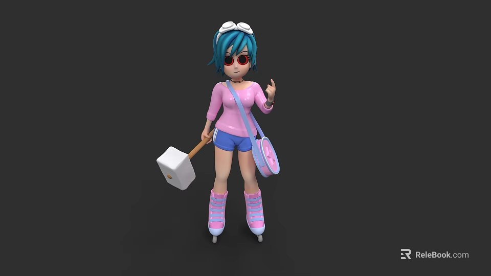 Woman With Blue Hair Sunglasses Pink Top Blue Shorts Pink Bag Hammer On Roller Skates 3d model 