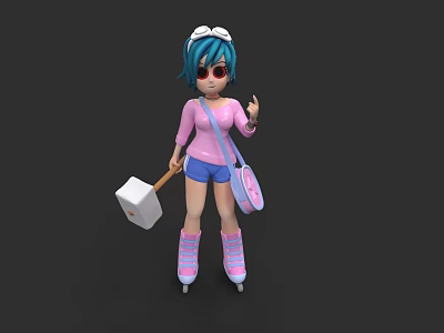 Woman With Blue Hair Sunglasses Pink Top Blue Shorts Pink Bag Hammer On Roller Skates 3d model