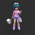 Woman With Blue Hair Sunglasses Pink Top Blue Shorts Pink Bag Hammer On Roller Skates