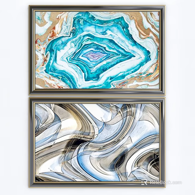 Modern Abstract Paintings With Blue Gold Tones And Dynamic Fluid Patterns 3d model 