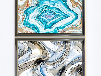 Modern Abstract Paintings With Blue Gold Tones And Dynamic Fluid Patterns 3d model