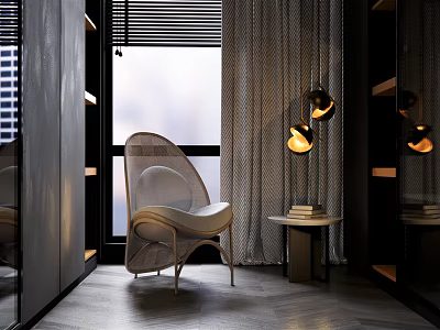 Modern Leisure Accent Chair In Stylish Interior With Large Window Pendant Lights And Side Table 3d model
