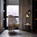Modern Leisure Accent Chair In Stylish Interior With Large Window Pendant Lights And Side Table