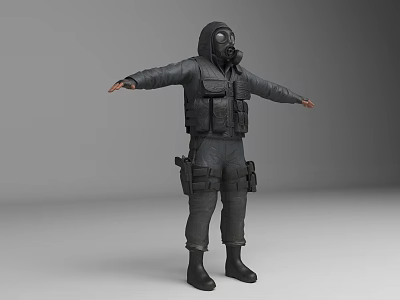 A Man in Black Protective Suit Wearing Gas Mask and Tactical Vest with Arms Outstretched 3d model