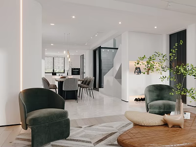 Modern Restaurant Interior Design With Green Armchairs Dining Table And Plants 3d model