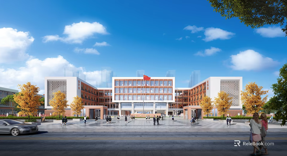 Modern School Building With Plaza And Red Flag Under Blue Sky 3d model 