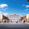 Modern School Building With Plaza And Red Flag Under Blue Sky 3d model