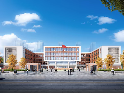 Modern School Building With Plaza And Red Flag Under Blue Sky 3d model