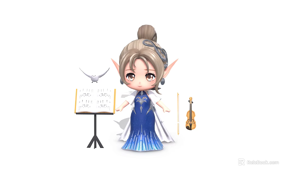 Cute Cartoon Elf Girl In Blue Dress With Music Stand Violin Musical Notes And Bird 3d model 