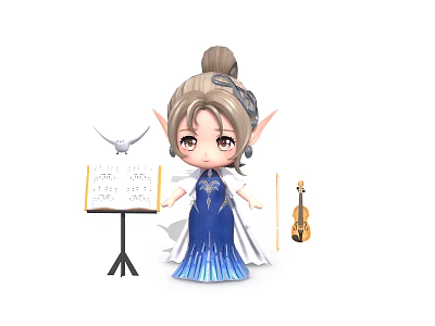 Cute Cartoon Elf Girl In Blue Dress With Music Stand Violin Musical Notes And Bird 3d model