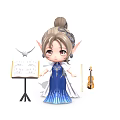 Cute Cartoon Elf Girl In Blue Dress With Music Stand Violin Musical Notes And Bird