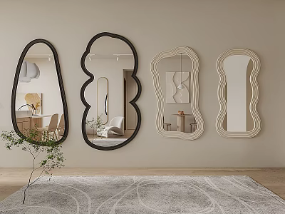 Various Shaped Mirrors Hanging On Wall In Interior With Carpet And Plant 3d model