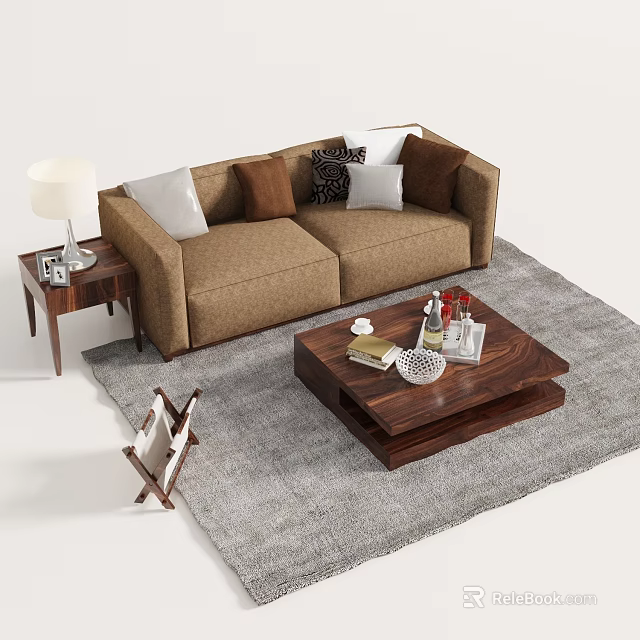 Brown Sectional Sofa With Multiple Pillows Side Table Lamp Coffee Table On Rug Decor Items 3d model