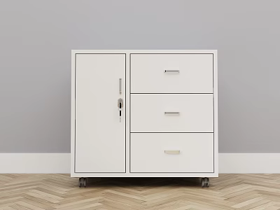 Modern White Storage Cabinet With Lockable Door Three Drawers On Wheels 3d model