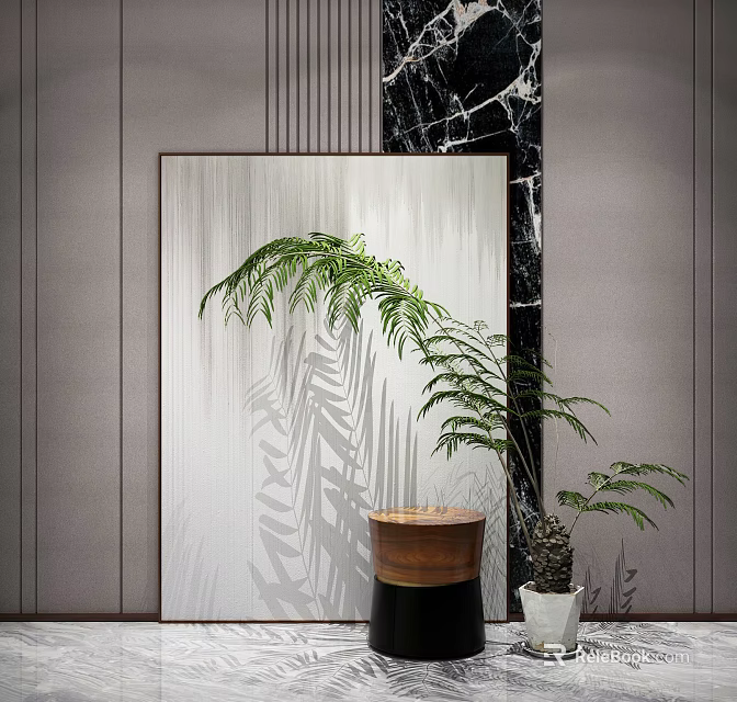 Modern Gray Wall Interior Featuring Large Painting Leaf Shadows Green Plant And Stool 3d model