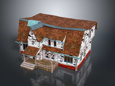 Traditional Wooden House Featuring Red Tiled Roof White Exterior And Front Porch With Steps 3d model