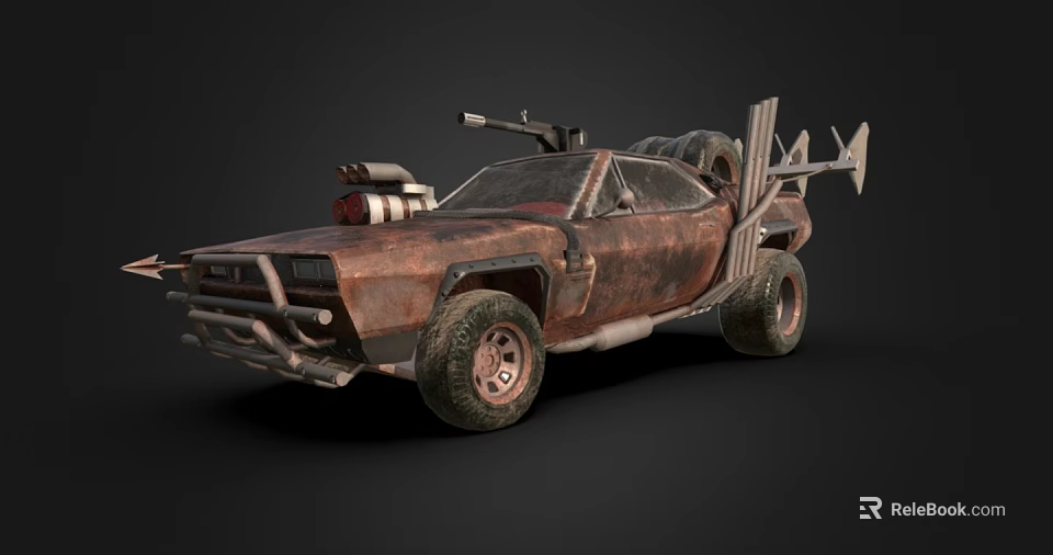 Rusty Modified Post Apocalyptic Car With Mounted Weapon Spare Tire And Armored Bumper 3d model 