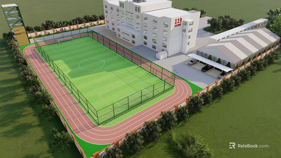 Soccer Field with Green Turf Red Running Track Fence White Building and Surrounding Trees 3d model 
