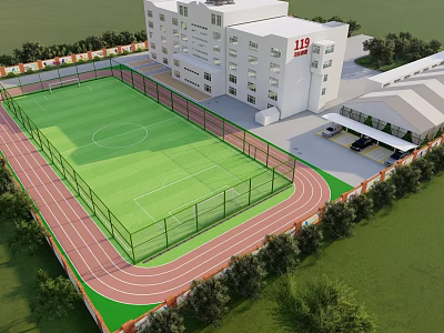 Soccer Field with Green Turf Red Running Track Fence White Building and Surrounding Trees 3d model