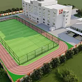 Soccer Field with Green Turf Red Running Track Fence White Building and Surrounding Trees