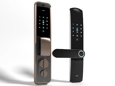 Smart Black And Brown Digital Door Handle With Numeric Keypad Display Screen And Fingerprint Scanner 3d model