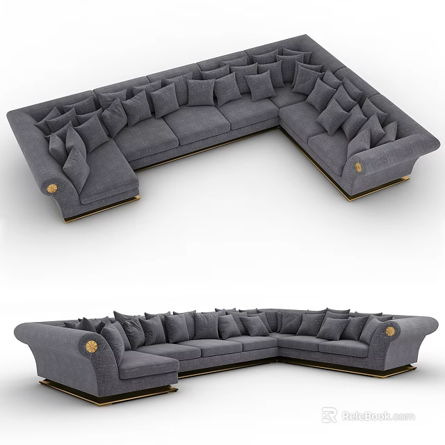 Gray Sectional Sofa With Multiple Cushions And Gold Legs Modern Design 3d model