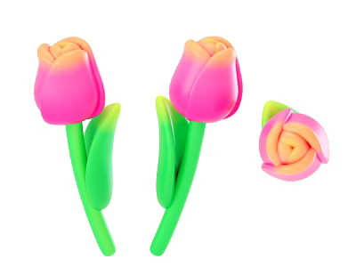 Artificial Decorative Flowers Featuring Two Tulips One Rose Pink Orange Gradient Green Stems Leaves 3d model