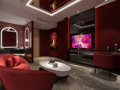 Red-themed Modern Hotel Room Interior With Sofa TV Coffee Table And Artwork 3d model