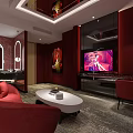 Red-themed Modern Hotel Room Interior With Sofa TV Coffee Table And Artwork 3d model